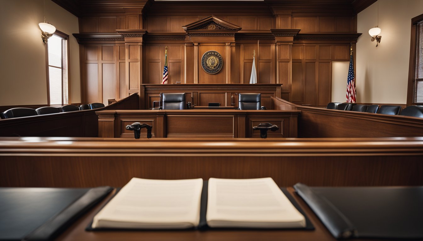 A courtroom with a judge's bench, witness stand, and seating for lawyers and spectators. The room is solemn and dignified, with legal documents and books on display